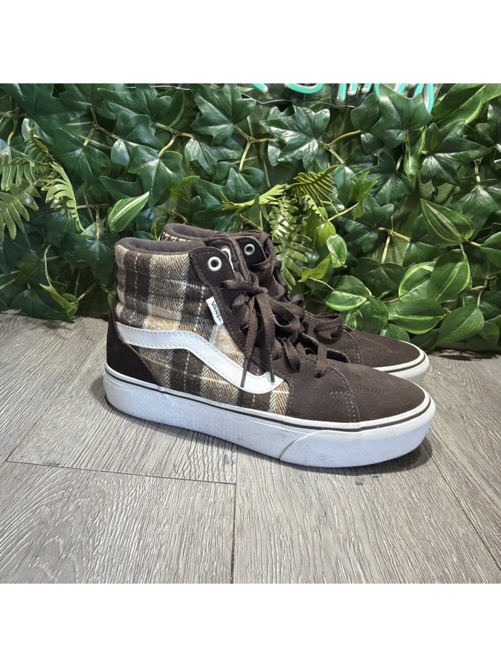 Vans Filmore Sk8 Hi Platform Plaid Suede Sneakers Women Size 8.5 Brown Tan
